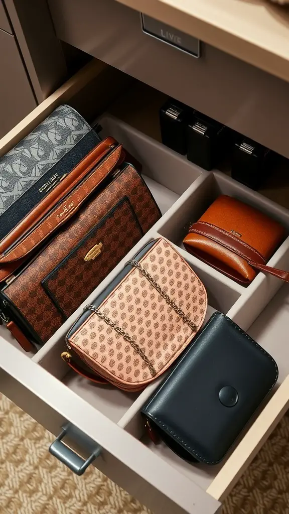 An organized drawer with purse dividers, showcasing various styles of purses in neat compartments.