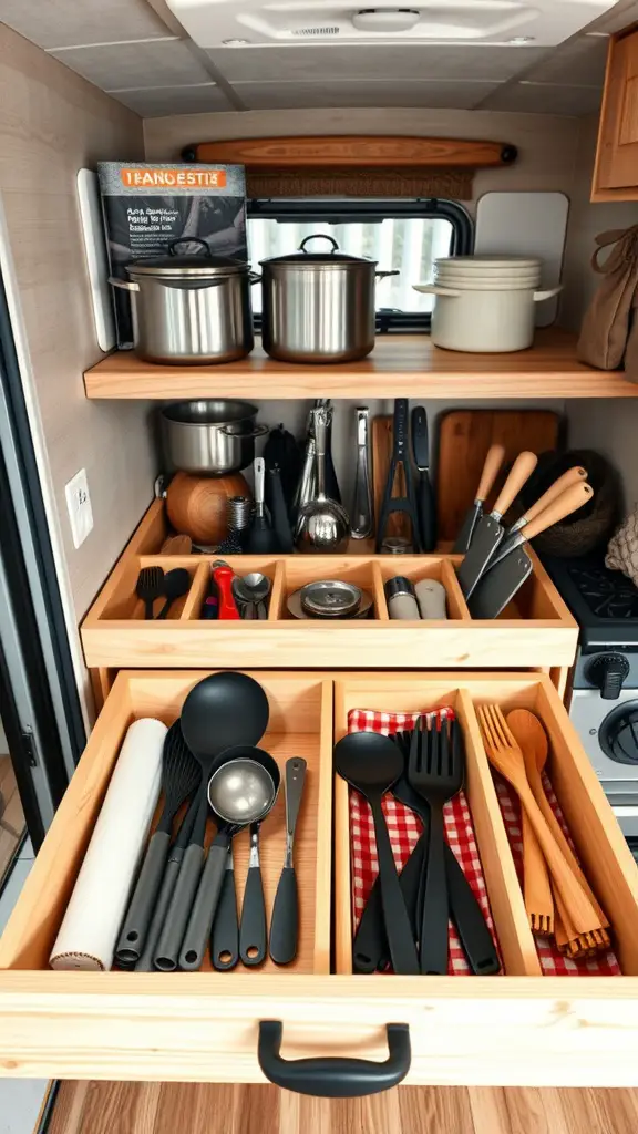 19 Clever Camper Storage Ideas for Your Next Adventure 15 Organized camper kitchen drawer with wooden inserts holding various kitchen utensils.