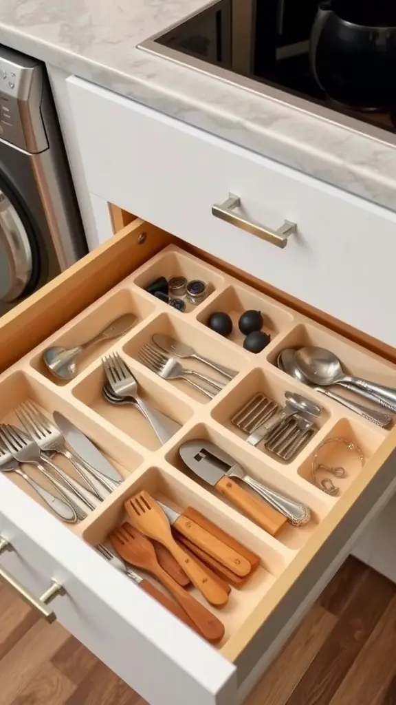 17 Genius Storage Solutions for Small Kitchens 17 An organized kitchen drawer featuring utensils, cutlery, and kitchen tools in separate compartments.
