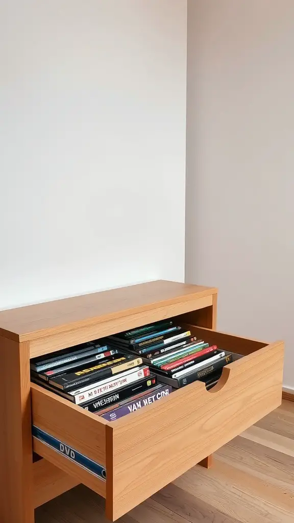 21 Creative DVD Storage Solutions for an Organized Home 5 A wooden drawer unit with an open drawer showing neatly organized DVDs