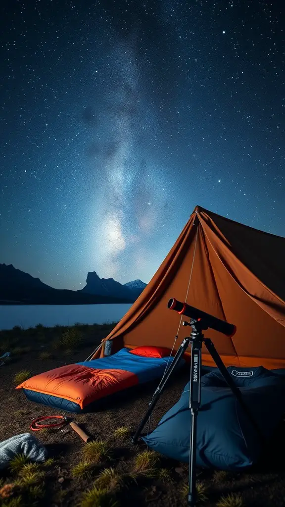 13 Creative Fort Ideas for Endless Indoor Fun 15 A cozy stargazing fort set by a lake under a starry night sky with a telescope and sleeping bags.