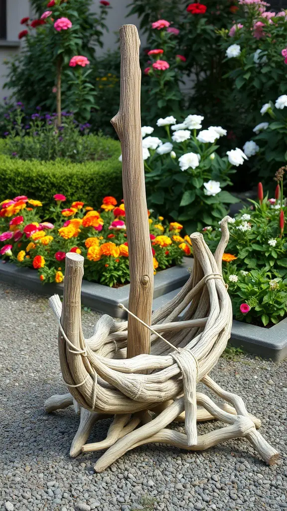 21 Creative Garden Ideas Using Used Boats 12 Driftwood boat sculpture surrounded by colorful flowers in a garden.