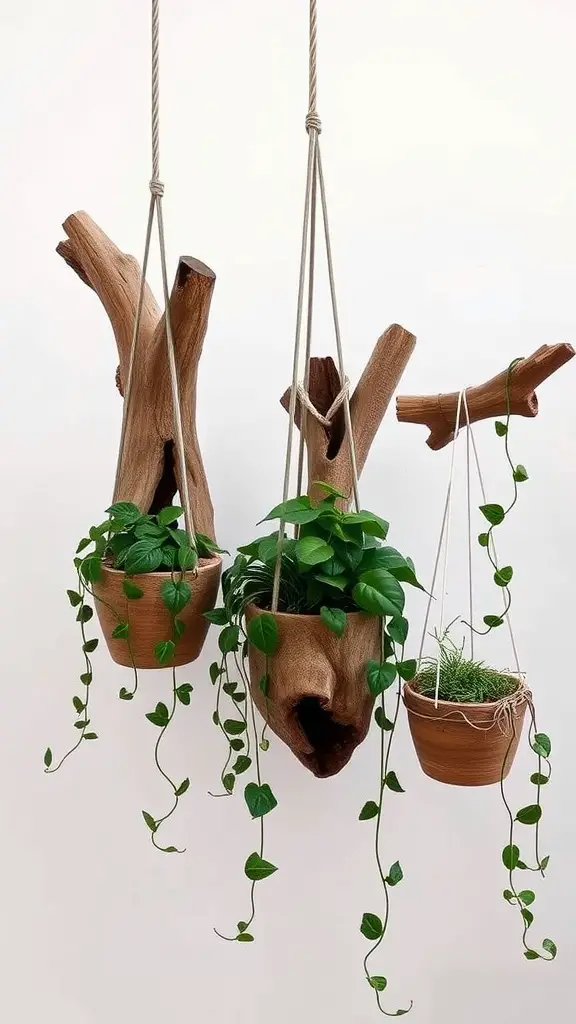 17 Creative Hanging Garden Ideas to Enhance Your Space 13 Three driftwood hanging planters with green plants