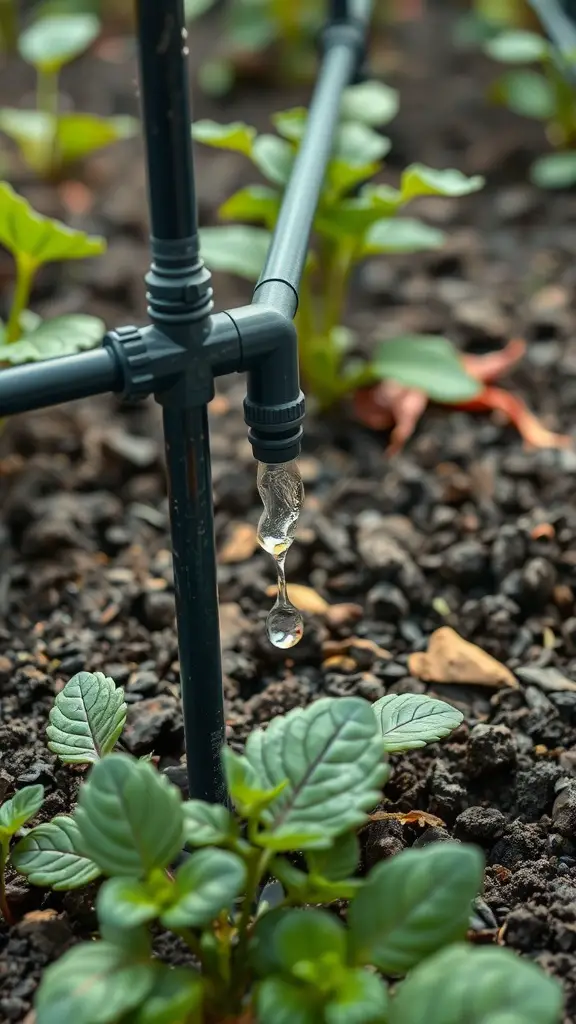 15 Creative Garden Irrigation Ideas for a Thriving Garden 10 Close-up of drip irrigation system with water dripping onto soil in a garden