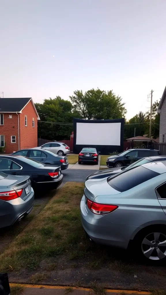 15 Creative Outdoor Movie Night Ideas for Unforgettable Evenings 9 A backyard setup with parked cars and an inflatable movie screen ready for a drive-in movie experience.
