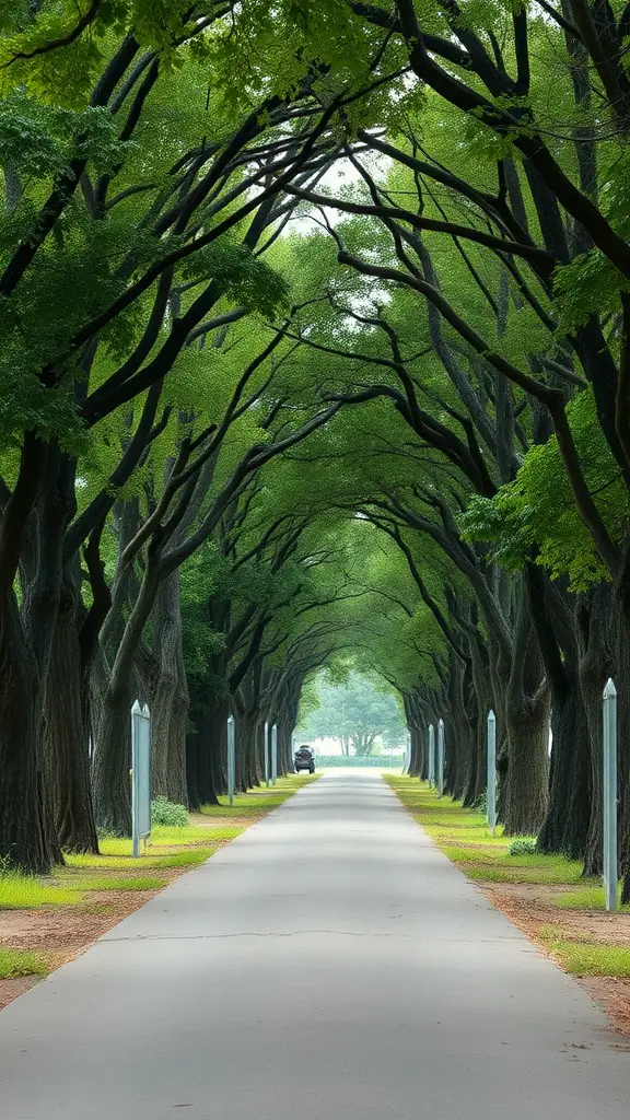 21 Stunning Long Driveway Landscaping Ideas You’ll Love 13 A long driveway lined with tall trees forming a natural canopy overhead.