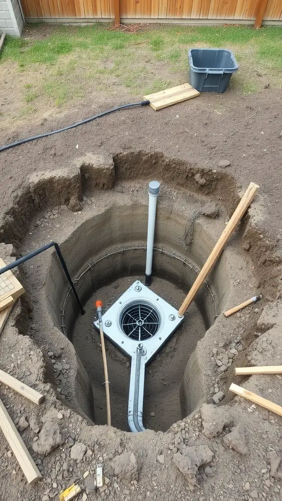 25 Creative Yard Drainage Ideas to Transform Your Outdoor Space 4 Image showing the installation of a dry well, with a deep hole, pump system, and surrounding tools.