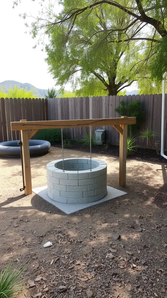 23 Creative Rain Gutter Drainage Ideas for Your Home 4 A dry well for stormwater management in a yard, featuring a circular stone structure and wooden frame.