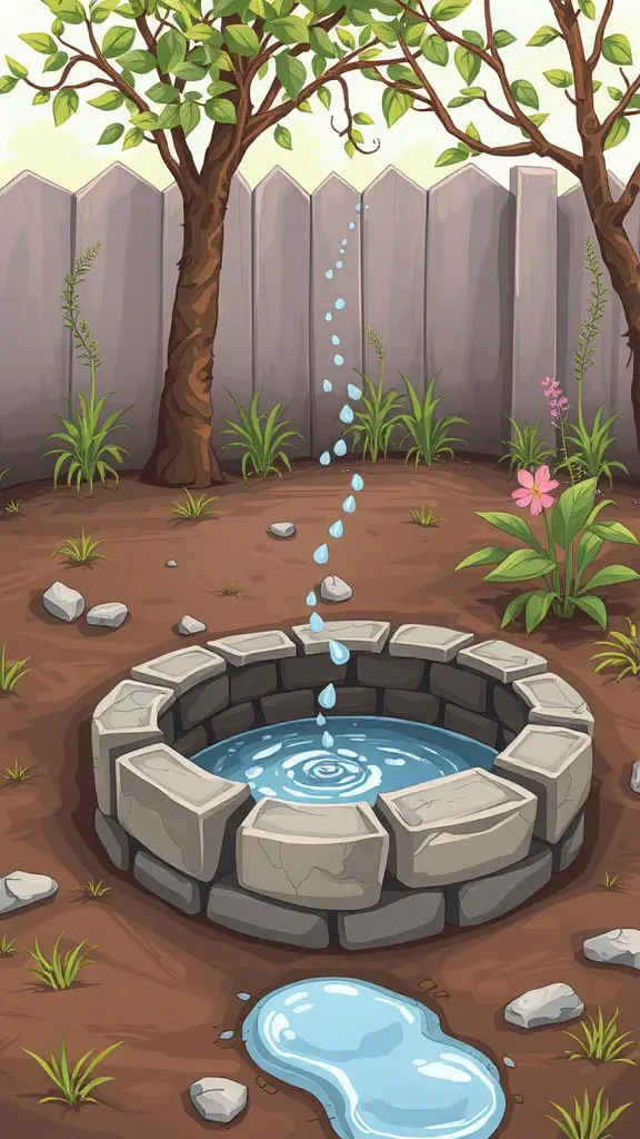 A dry well surrounded by trees and plants, with water droplets falling into it.
