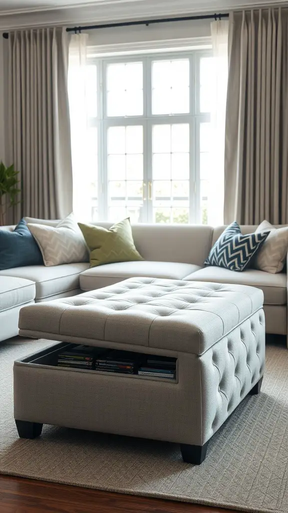 21 Creative DVD Storage Solutions for an Organized Home 13 A stylish gray ottoman with a tufted design, featuring a drawer that stores DVDs, placed in a cozy living room setting.