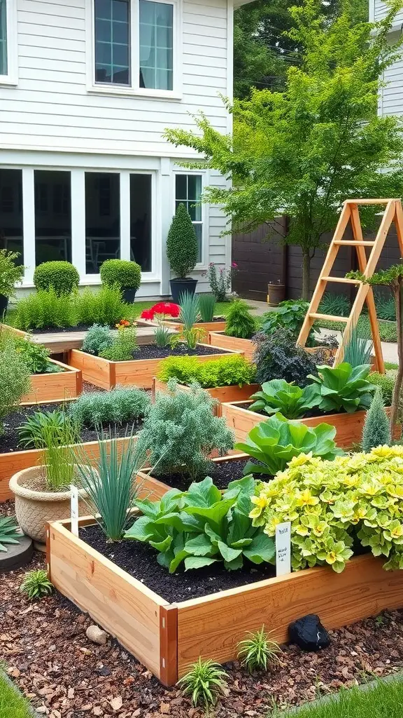 17 Stunning Modern Front Yard Landscape Designs You Need to See 16 A modern front yard featuring raised garden beds filled with various herbs and vegetables, colorful flowers, and a wooden ladder.