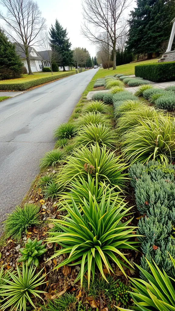21 Stunning Long Driveway Landscaping Ideas You’ll Love 14 Lush ground covers lining a long driveway, featuring a mix of green plants and textures.