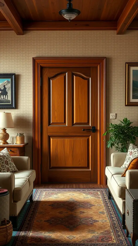 A cozy indoor scene featuring an earthy brown door, inviting ambiance with soft furnishings.