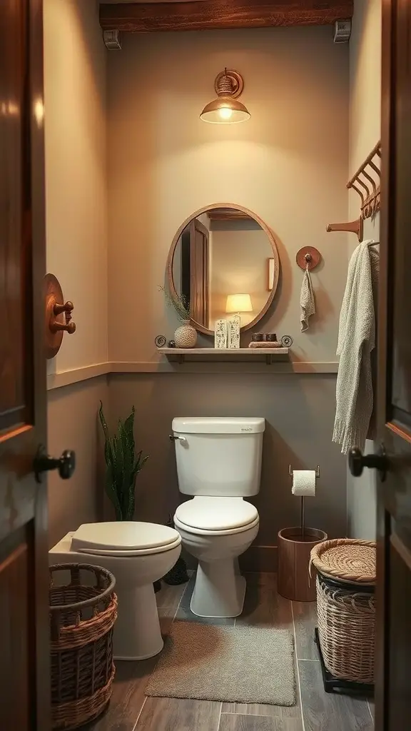 A rustic small bathroom with earthy color palettes, featuring wooden accents, a round mirror, and natural plants.