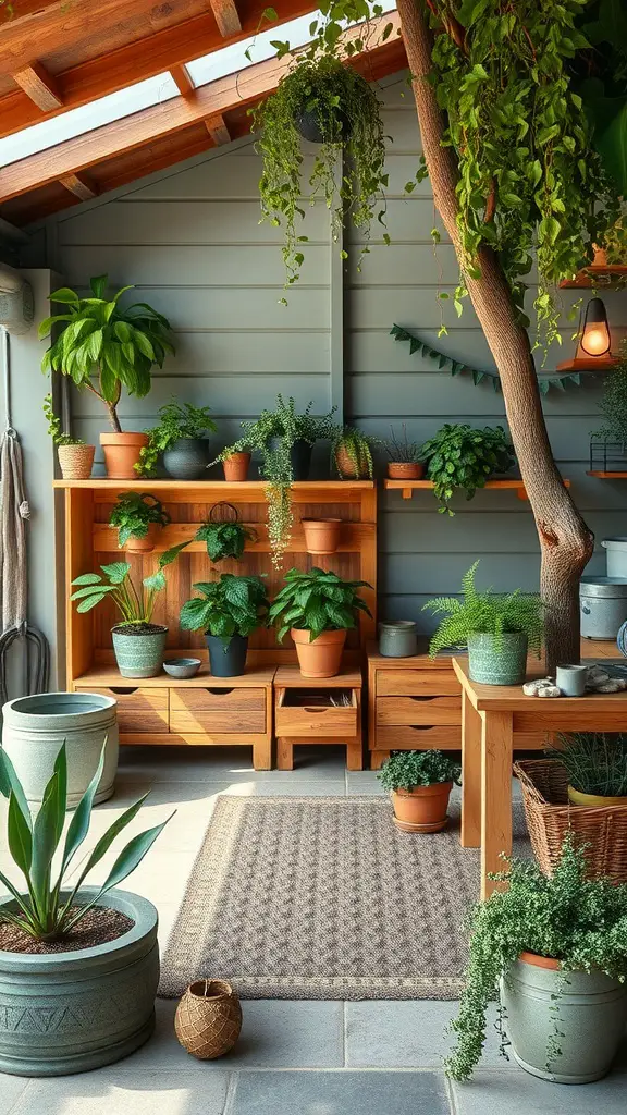 A garage with earthy green walls and various potted plants on wooden shelves.