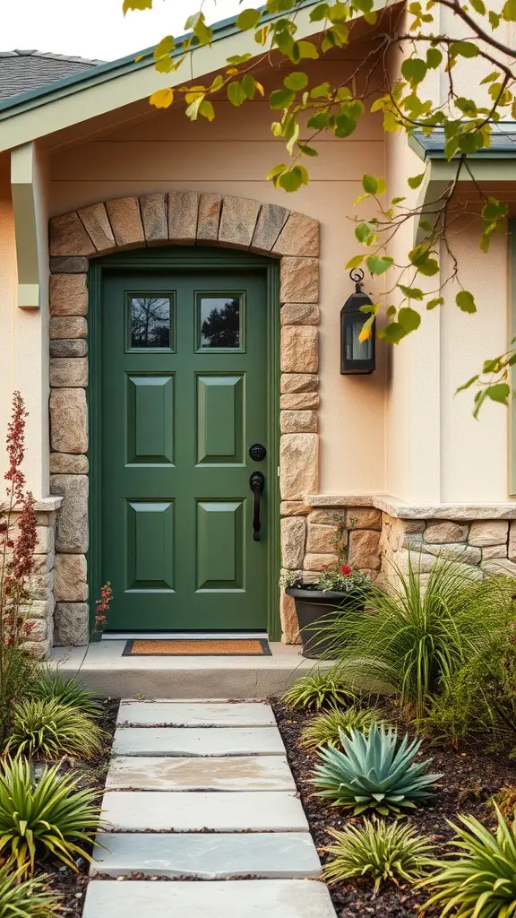 17 Stunning Green Front Door Ideas to Elevate Your Curb Appeal 17 Earthy green front door with stone accents, surrounded by plants and a pathway.