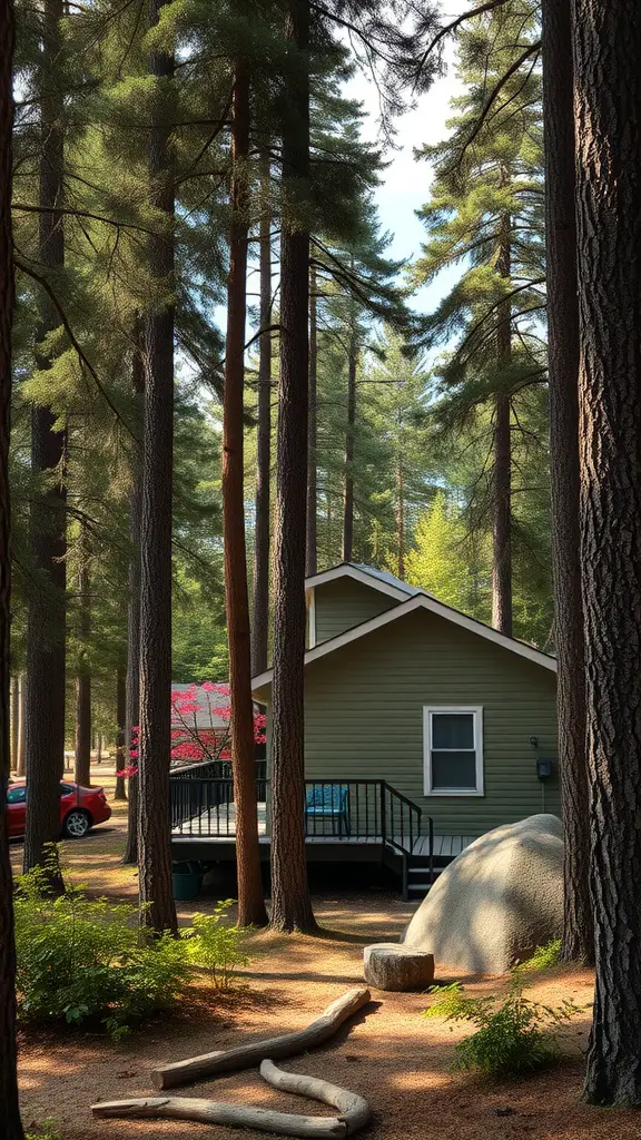 19 Beautiful Exterior House Colors to Transform Your Home 6 A house painted in earthy olive green surrounded by tall trees and a peaceful forest setting.