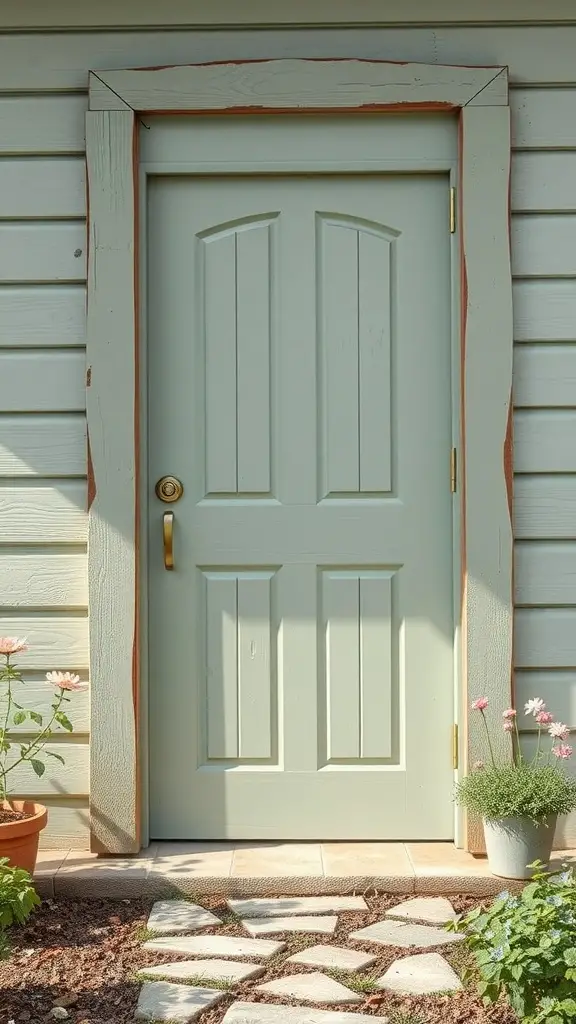 A front door painted in earthy sage green, framed with light wood, surrounded by plants and a stone pathway.
