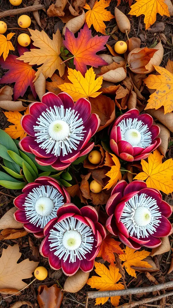 A close-up of protea flowers surrounded by autumn leaves and berries, showcasing earthy tones.