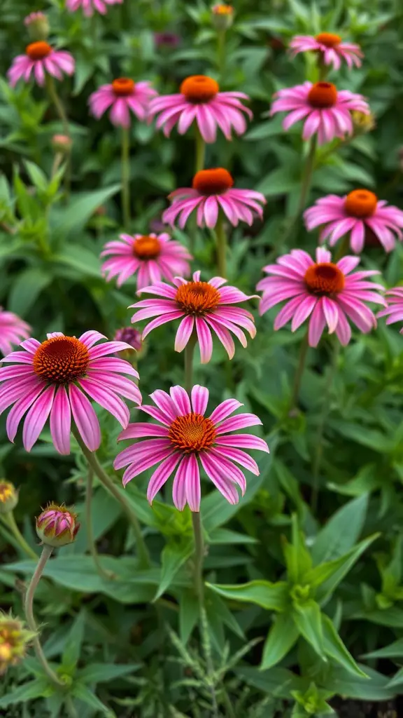 17 Long-Blooming Perennials for a Vibrant Garden Year-Round 5 A field of Echinacea flowers with pink petals and orange centers