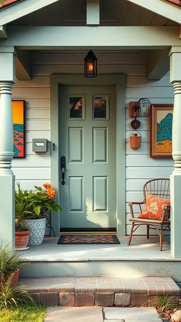 15 Stunning Sage Green Exterior Doors to Inspire Your Home Makeover 10 A sage green door on a bungalow with a cozy porch and decorative elements.
