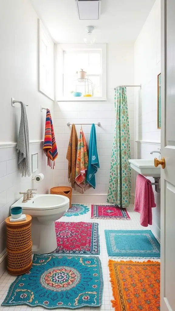 A colorful bathroom featuring various textiles, including vibrant rugs, towels, and shower curtains, creating an eclectic atmosphere.