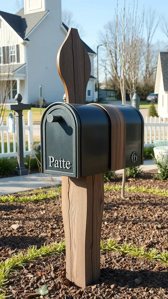 A mixed-material mailbox featuring a black metal box on a rustic wooden post, set in a landscaped yard.
