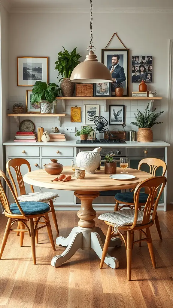15 Stunning Round Kitchen Table Decor Ideas to Transform Your Space 14 A cozy round kitchen table decorated with plants, pottery, and a stylish lamp in a warm, inviting setting.