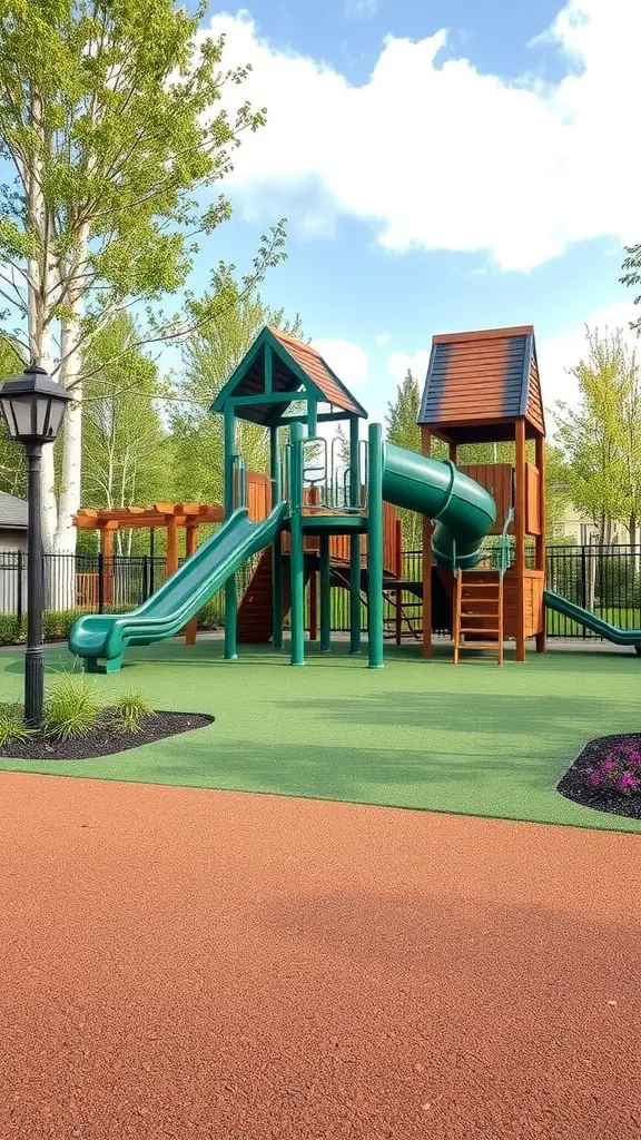 23 Creative Playground Landscaping Ideas for Endless Fun 12 A colorful playground with slides and climbing structures made from eco-conscious materials, surrounded by greenery and soft rubber ground cover.