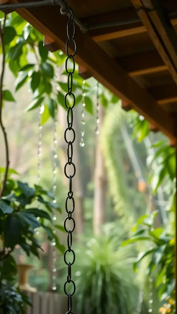 25 Creative Rain Chain Drainage Ideas for Your Home 17 A rain chain hanging in a garden with greenery in the background