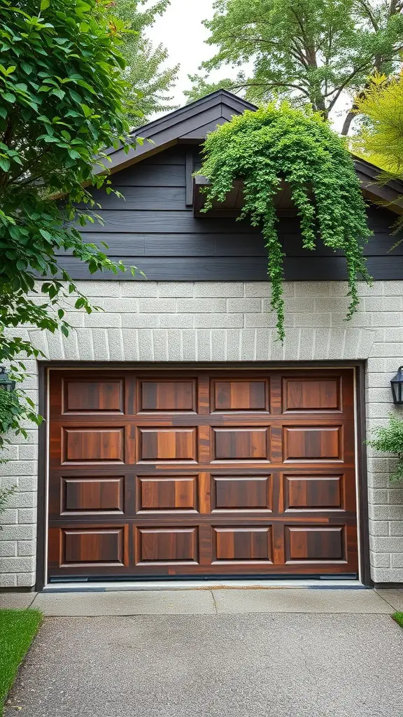 25 Creative Garage Door Ideas for a Stunning Home Entrance 9 Stylish wooden garage door adjacent to a light stone wall, surrounded by greenery.