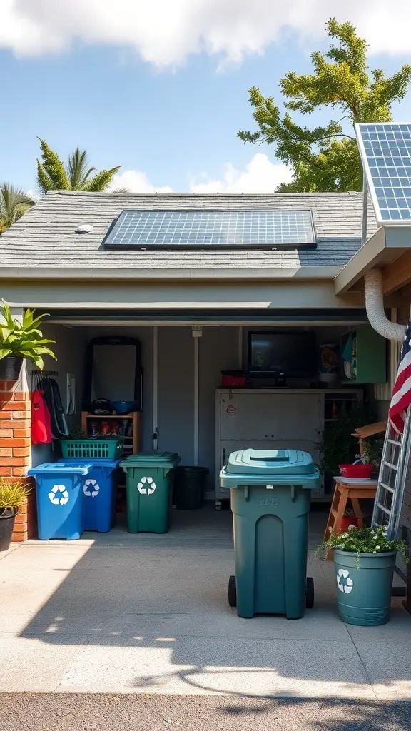 29 Creative Garage Interior Ideas You’ll Love 13 An eco-friendly garage featuring solar panels, recycling bins, and plants.