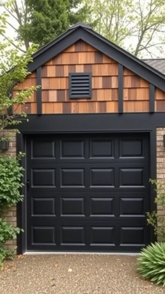 A modern black garage door with wooden accents.