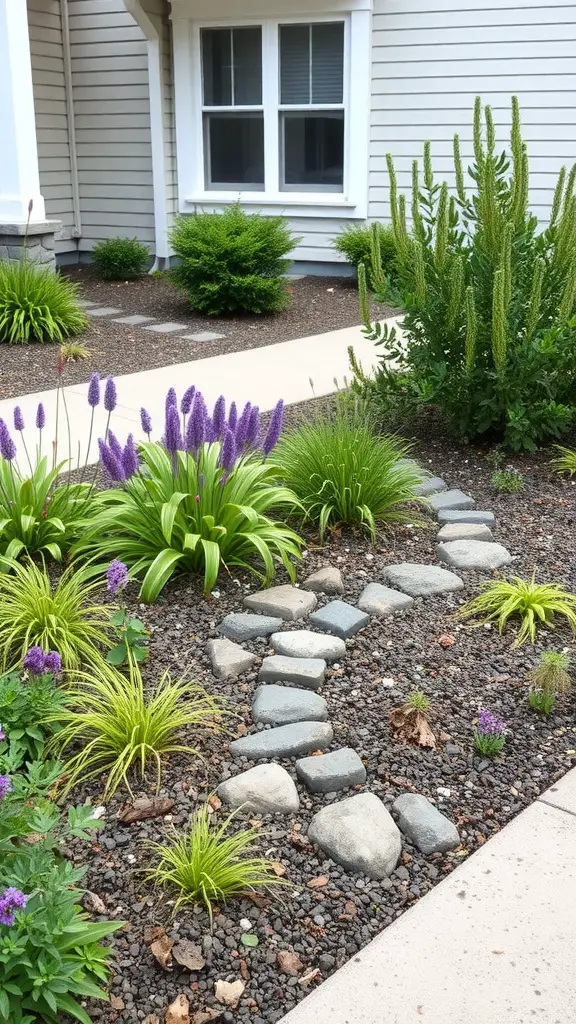 13 Stunning No Grass Front Yard Ideas for a Low-Maintenance Landscape 14 A rain garden featuring various plants, stones, and a winding path, showcasing an eco-friendly landscape design.
