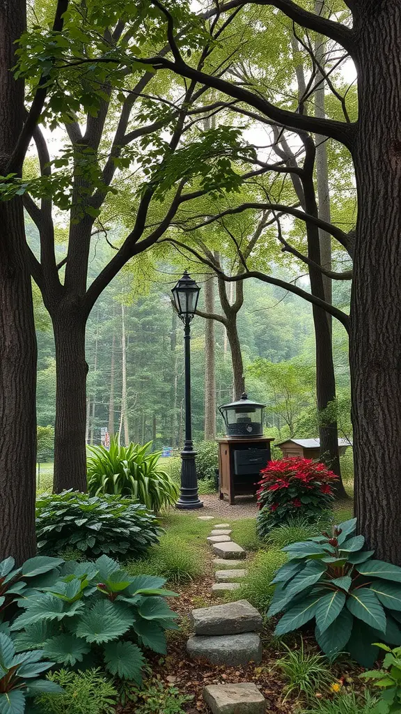 15 Inspiring Forest Garden Ideas for Your Outdoor Space 7 A peaceful garden path bordered by trees and plants, leading to a lantern and seating area.