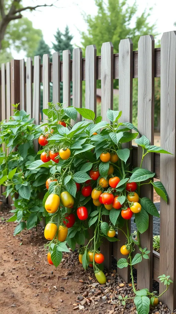 17 Creative Landscaping Ideas for Your Fence Area 4 A wooden fence with vibrant tomato plants growing alongside it, showcasing various colors of tomatoes.