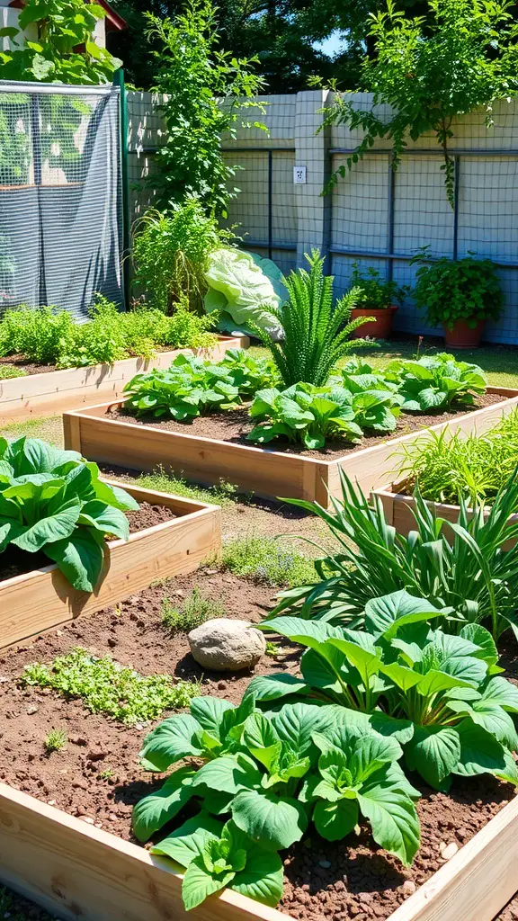 Lush green plants in wooden raised beds in an edible garden