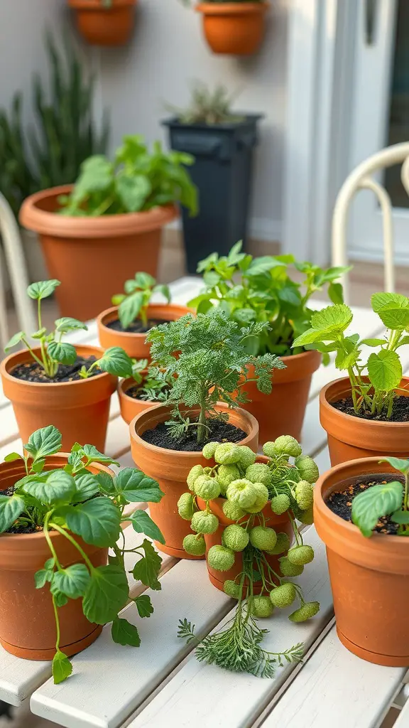 23 Inspiring Minimalist Garden Ideas for a Stylish Outdoor Space 11 Various edible herbs in simple terracotta pots arranged on a table.