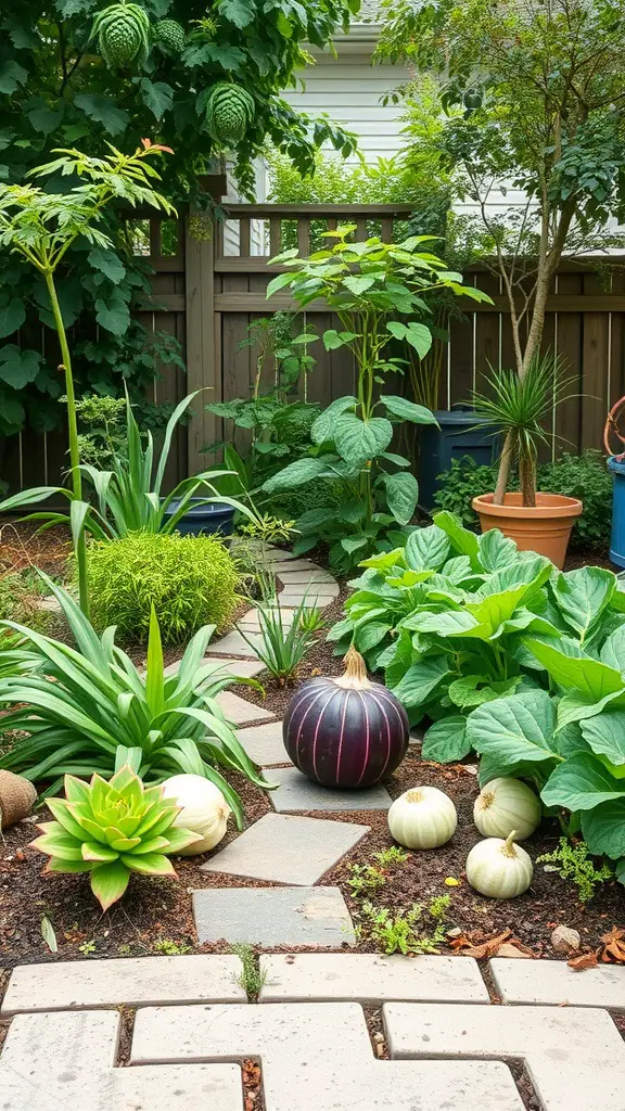 19 Stunning Large Backyard Layout Ideas to Transform Your Outdoor Space 9 A lush backyard garden layout featuring various edible plants like pumpkins and greens along a stone pathway.