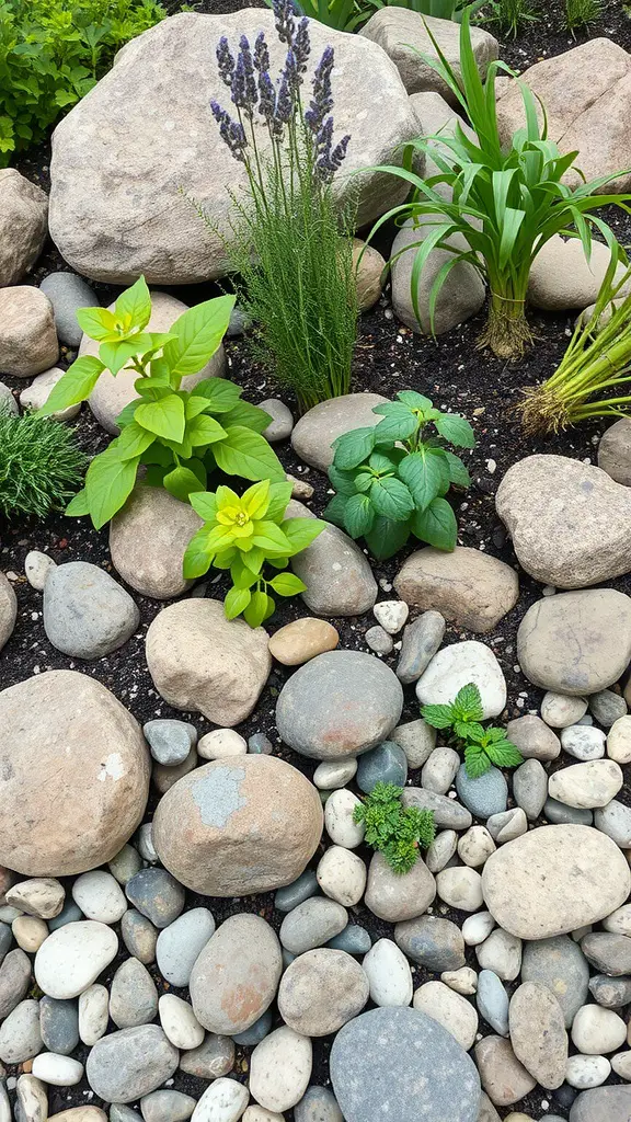 19 Inspiring Rock Garden Ideas for Your Outdoor Space 4 An edible plant rock garden with various herbs and vegetables surrounded by stones.