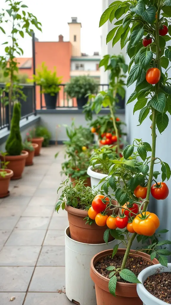 13 Creative Terrace Garden Ideas for Your Home 12 Image of a terrace garden with vibrant tomato plants in pots