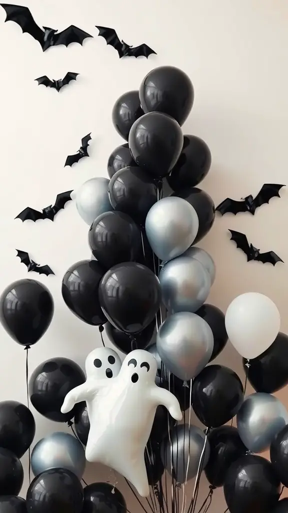 21 Spooktacular Goth Baby Shower Ideas You’ll Love 7 Eerie balloon arrangements featuring black and silver balloons with ghost decorations and bats.