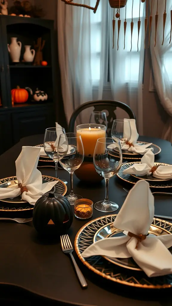 A Halloween-themed table setting with dark plates, white napkins, and a black pumpkin decor.