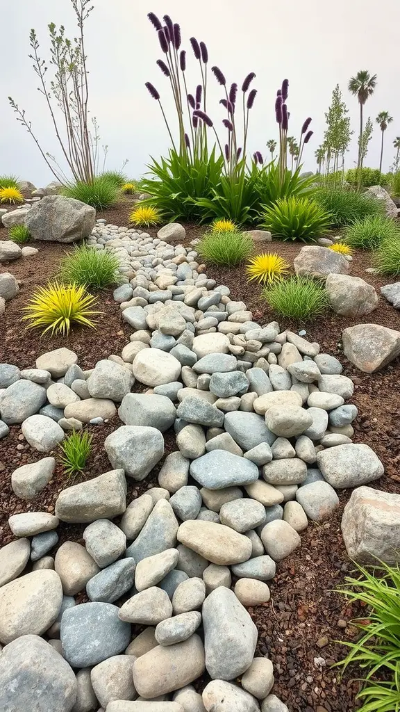 15 Creative Rock Drainage Landscaping Ideas for Your Outdoor Space 4 Rock drainage landscaping with a stone pathway and vibrant plants