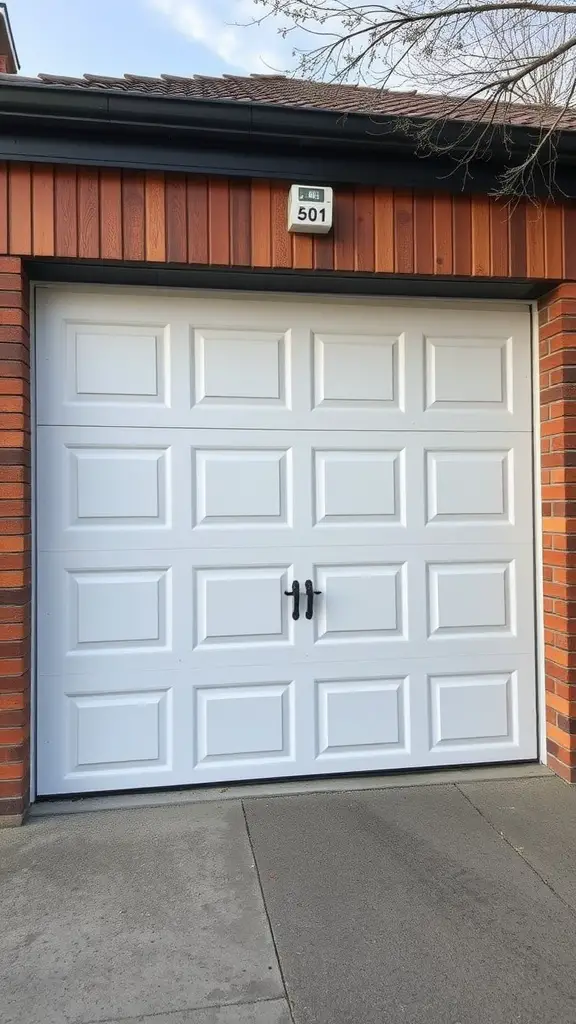 25 Creative Garage Door Ideas for a Stunning Home Entrance 15 A white insulated garage door with geometric paneling and black handles