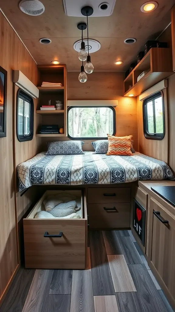 Interior of a small camper showcasing a bed with storage drawers underneath and shelves above.