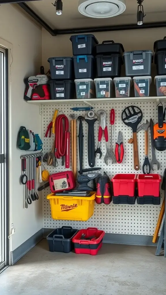 29 Creative Garage Interior Ideas You’ll Love 9 An organized garage wall with tools and storage bins arranged neatly on a pegboard.