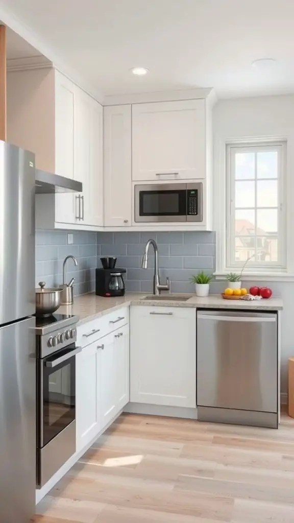 A small, modern kitchen with efficient layout, featuring appliances, a window, and organized counter space.