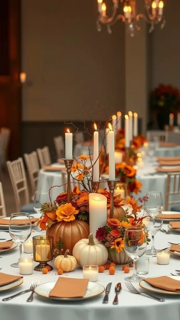 An elegant autumn centerpiece with pumpkins, flowers, and candles on a beautifully set table.