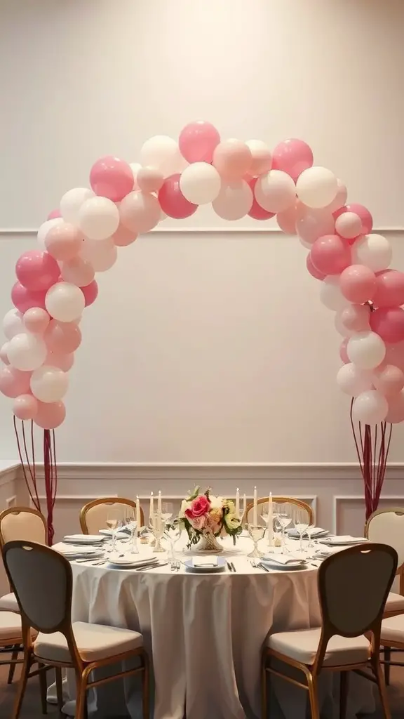 A pink and white balloon arch centerpiece over a round dining table with candles and flowers.